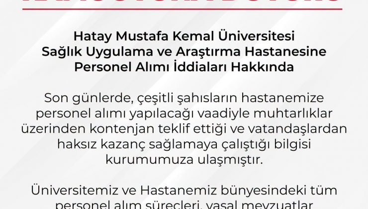 MKÜ Hastanesinden Personel Alımı Dolandırıcılığı Uyarısı